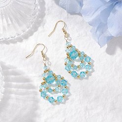 Голубой 304 из нержавеющей стали болтаться серьги, со стеклом, слеза, золотые, голубой, 58x23.5 мм