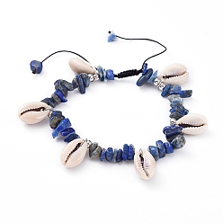 Lapis Lazuli Adjustable Nylon Thread Braided Bead Bracelets, with Natural Lapis Lazuli Chip Beads, Cowrie Shell Beads and Platinum Plated Brass Beads, 2 inch~3-3/8 inch(5~8.6cm)