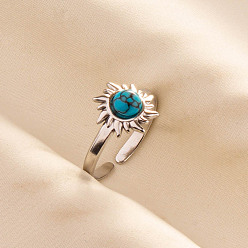 Синтетическая Бирюза Регулируемые 304 манжеты из нержавеющей стали с открытыми кольцами для женщин, солнце, с синтетическими бирюзовый, цвет нержавеющей стали, 11 мм, внутренний диаметр: 17 мм