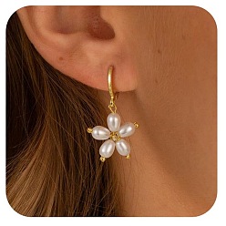 Golden Plastic Pearl Five-Petal Flower Dangle Earrings, Brass Hoop Earrings for Women, Golden, 30mm