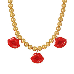 Золотой Кулоны из смолы в виде красных губ, ожерелья-нагрудники, цепочки из сплава с шариками для женщин, золотые, 15.75 дюйм (40 см), Кулон : 26x29 мм