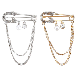 Platinum & Golden 2Pcs 2 Colors Alloy Rhinestone Hanging Chain Brooches, Kilt Pins, Platinum & Golden, 60.5x39x9.5mm, 1pc/color