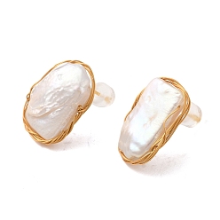 Real 18K Gold Plated Sterling Silver Stud Earrings, with Natural Pearl, Jewely for Women, Irregular Oval, Real 18K Gold Plated, 15x13mm
