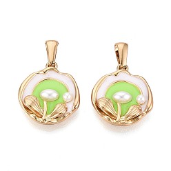 Зелено-Желтый 304 подвески из нержавеющей стали, эмали и искусственного жемчуга из АБС-пластика, самородки с цветочными подвесками, золотые, зеленый желтый, 22x18.5~19x5 мм, отверстие : 7.5x2.5 мм