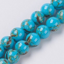 Deep Sky Blue Sea Shell and Synthetic Turquoise Assembled Beads Strands, Round, Deep Sky Blue, 8~9mm, Hole: 1.2mm, about 49~50pcs/strand, 15.3~15.7 inch(39~40cm)