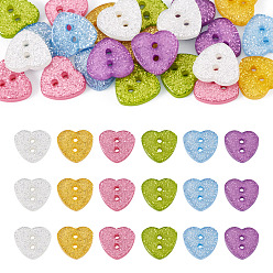 Mixed Color 30Pcs 6 Colors Resin Buttons, 2-Hole, Heart, with Glitter Powder, Mixed Color, 12x13x3mm, Hole: 1.5mm, 5pcs/color