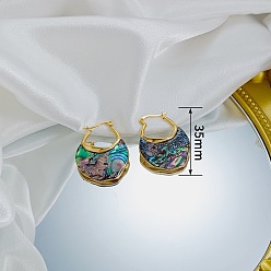 Golden 304 Stainless Steel & Paua Shell Hoop Earrings, Nuggets, Golden, 35mm