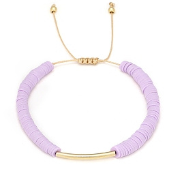 Лиловый Браслеты из плетеных бусин Heishi из полимерной глины, регулируемый браслет из латунных трубчатых бусин, сирень, 6-1/4~10-1/4 дюйм (16~26 см)