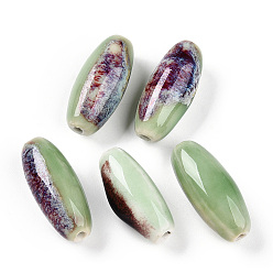 Светло-зеленый Фарфоровые бусины ручной работы, фантазии античного стекла фарфора, овальные, светло-зеленый, 30~32x12~13.5 мм, отверстие : 2~3.5 мм