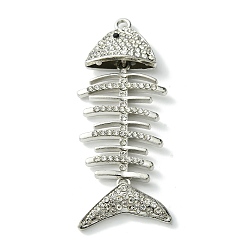 Платина Кулон сплава Rhinestone, очарование рыбьей кости, платина, 77x29.5x8 мм, отверстие : 2.7 мм