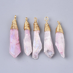 Hot Pink Electroplate Natural Quartz Crystal Pendants, with Brass Findings, Nuggets, Golden, Hot Pink, 40~64.5x10~21x6~17mm, Hole: 3~4mm
