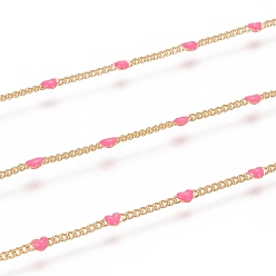 Hot Pink Handmade Brass Curb Chains, Heart Link Chains, with Enamel and Spool, Unwelded, Long-Lasting Plated, Cadmium Free & Nickel Free & Lead Free, Real 18k Gold Plated, Hot Pink, 1.5x1x0.1mm, about 32.8 Feet(10m)/roll