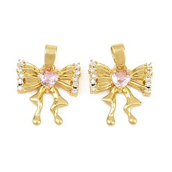 Real 18K Gold Plated Brass Micro Pave Pink Cubic Zirconia Charms, Bowknot Charms, Real 18K Gold Plated, 14x14x3mm, Hole: 4.5x2.5mm