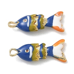 Dark Blue Brass Micro Pave Orange Red Cubic Zirconia Pendants, with Enamel, Fish Charms, Rack Plating, Long-Lasting Plated, Lead Free & Cadmium Free, Real 18K Gold Plated, Dark Blue, 21x8x4mm, Hole: 1.5x2.5mm