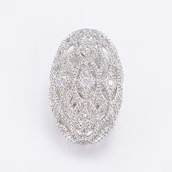 Real Platinum Plated Brass Micro Pave Cubic Zirconia Beads, Cadmium Free & Lead Free, Long-Lasting Plated, Hollow Oval, Clear, Real Platinum Plated, 19x11.5x7mm, Hole: 1mm