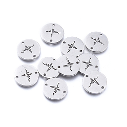 Stainless Steel Color Tarnish Resistant 304 Stainless Steel Links connectors, Laser Cut, Flat Round with Heartbeat, Stainless Steel Color, 11.5x1mm, Hole: 1.2mm
