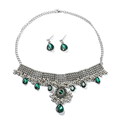 Antique Silver Rhinestone Teardrop Jewelry Set, Alloy Bib Necklace & Dangle Stud Earrings, Antique Silver, 405mm, 25x12mm