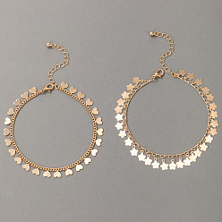 Золотой Двухслойные браслеты для щиколотки из сплава с кисточками в виде цветов и сердец для женщин, золотые, 9-1/4~9-1/2 дюйм (235~240 мм), 2 шт / комплект