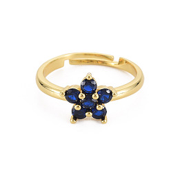 Azul Oscuro Anillo ajustable con flor de cristal, joyas de latón chapado en oro real 18k para mujer, sin plomo y cadmio, azul oscuro, tamaño de EE. UU. 7 1/4 (17.5 mm)