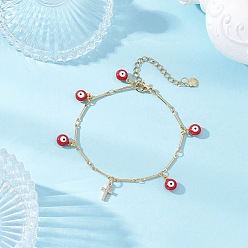 Красный Браслеты с подвесками из латуни и эмали, латунные звенья цепи браслеты для женщин, сглаз и крест, красные, 7-1/8 дюйм (18.2 см)