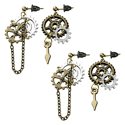 Античное Серебро 2 пары серег-гвоздиков с зубчатым колесом из сплава, античное серебро, 43.5x17.5 мм, 49x21 мм