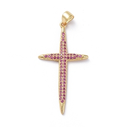 Золотой Латунные микро проложить кубического циркония подвески, крестик, ярко-розовый, золотые, 38.8x20x2 мм, отверстие : 4x5 мм