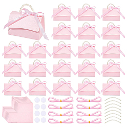Pink Бумажные коробки для упаковки конфет в форме сумочки, с ручками, украшенными искусственным жемчугом, розовые, готовое изделие: 9x6x5.5 см