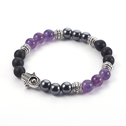 Аметист Эластичные браслеты из натурального аметиста и черного агата (крашеные), С немагнитным синтетическим гематитом, 304 бусы из нержавеющей стали и бусины из сплава, ладонь, 2-1/4 дюйм (5.8 см)