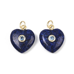 Lapis Lazuli Naturelles lapis-lazuli pendentifs, breloques en forme de cœur avec sertissage pavé en laiton et zircone cubique, réel 18 k plaqué or, sans cadmium et sans plomb, crémaillère plaquage, plaqué longue durée, 18~18.5x15x6~7mm, Trou: 3mm