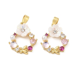 Chapado en Oro Real 18K Latón micro pavimenta los colgantes coloridos de la circona cúbica, con resina y perlas de plástico, corona con adornos de mariposas, real 18 k chapado en oro, 17x15x4 mm, agujero: 4.5x2.5 mm