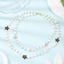 Золотой Стеклянные жемчужные круглые бусины с эмалью из цинкового сплава розовые и черные цветы двухслойные ожерелья для женщин, белые, золотые, 18.11 дюйм (46 см)