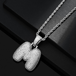 Letter M Латунные микропаве прозрачные кубические цирконии массивные инициальные подвески ожерелья, платина, Буква М, 19.69 дюйм (50 см)