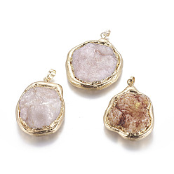 Golden Natural Geode Druzy Quartz Pendants, with Brass Findings, Nuggets, Golden, 37~56x31~42x7.5~18mm, Hole: 8x5mm