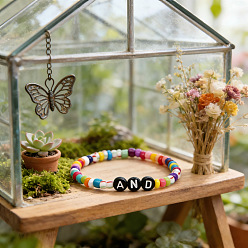 Coloré Bracelets extensibles en perles acryliques et de verre arc-en-ciel, Bracelets à mots et à breloques pour femmes, colorées, 6.89 pouce (17.5 cm)