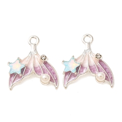 Lilac Alloy & Crystal Rhinestone & Enamel Pendants, Fishtail Shape Charms, with ABS Imitation Pearl, Silver, Lilac, 18x16x3.5mm, Hole: 1.6mm