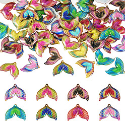 Mixed Color 60Pcs Printed Translucent Acrylic Pendants, Golden Metal Enlaced, Fishtail, Mixed Color, 24.5x29.5x4mm, Hole: 1.4mm
