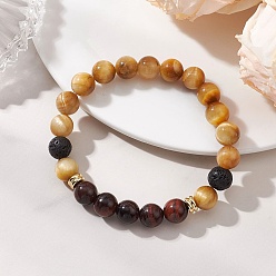 Тигровый глаз Браслеты из окрашенных и термически обработанных натуральных бусин красного цвета, тигрового глаза и лавового камня, эластичные, для женщин и мужчин., круглые, бусины : 8.5 мм, внутренний диаметр: 2.15~2.22 дюйм (5.45~5.65 см)