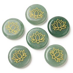 Зеленый Авантюрин Естественный зеленый авантюрин кабошонов, плоский круг с выгравированным золотым цветком лотоса, 25~26x6~7 мм
