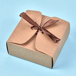 BurlyWood Kraft Paper Gift Box, Folding Boxes, with Ribbon, Bakery Cake Biscuits Box Container, Square, BurlyWood, Unfold: 34.1x36x0.03cm, Finished Product: 12x12x5cm