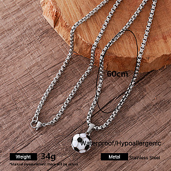 Football 304 Stainless Steel Enamel Sports Pendant Necklaces for Men, Stainless Steel Color, Black and White, Football, 23.62 inch(60cm)