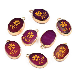 Фиолетовый Природные подвески агат, с краем из латуни с покрытием из светлого золота и петлями из иорна, Золотой порошок, окрашенная и подогревом, овал с цветочной подвеской, фиолетовые, 23~24x15~16.5x4~6.5 мм, отверстие : 1.6 мм