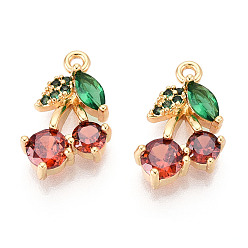 Настоящее золото 18K Латунные микропаве прозрачные подвески с фианитом, черри прелести, без никеля , огнеупорный кирпич, 16.5x9.9x4 мм, отверстие : 1.2 мм