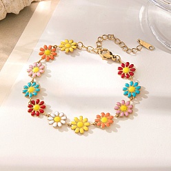 Golden 304 Stainless Steel Anklet, Enamel Daisy Flower Chain for Women, Golden, 9-1/2 inch(24cm)