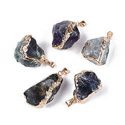 Флюорит Кулоны из необработанного грубого натурального флюорита, самородки прелести, с латунной окантовкой и защелкивающимися петлями, золотые, 32~43x21~31x14~24 мм, отверстие : 7.5x4 мм