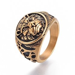 Antique Golden 304 Stainless Steel Signet Rings for Men, Wide Band Finger Rings, Flat Round with Lion, Antique Golden, Size 7~12, 17~22mm