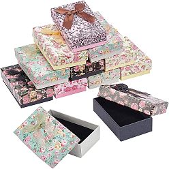 Mixed Color Floral Pattern Cardboard Jewelry Packaging Box, 2 Slot, For Ring, with Ribbon Bowknot and Black Sponge, Rectangle, Mixed Color, 8x5x2.6cm, 5 colors, 4pcs/color, 20pcs