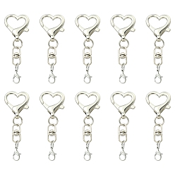 Platinum 10Pcs Heart Alloy Lobster Claw Clasps Keychain Clasps, with Double Ended Swivel Eye Hook, Platinum, 63mm