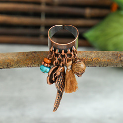 Красная Медь Кольца-манжеты из сплава для женщин, с деревянными и синтетическими бирюзовыми бусинами, Красная медь, 19 мм