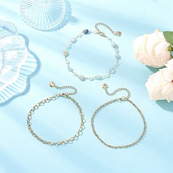 Лабрадорита Натуральные самородки лабрадорита и 304 звенья цепи из нержавеющей стали 3 многослойные браслеты на лодыжку для женщин, золотые, 9-1/4~9-3/4 дюйм (234~248 мм), 3 шт / комплект