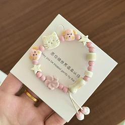 Бежевый Браслеты с подвесками из фарфорового бисера ручной работы, плетеные браслеты из вощеного шнура для женщин, форма кошки, собаки и звезды, бежевые, 5-7/8~9-7/8 дюйм (15~25 см)